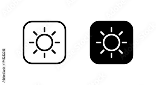 Sun, sunshine outline icon in black square. Brightness light symbol