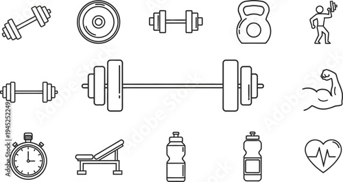Collection of black line art icons representing various essential weightlifting and fitness equipment for gym workouts