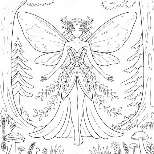 Enchanting fantasy forest coloring page for kids, detailed trees and creatures, black and white line art.