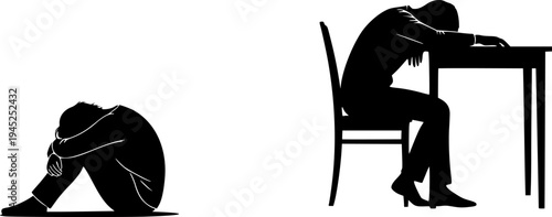 Mental Health and Emotional Distress Silhouette Set - Minimalist Human Figure Expressing Loneliness, Depression and Isolation Vector