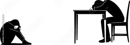 Mental Health and Emotional Distress Silhouette Set - Minimalist Human Figure Expressing Loneliness, Depression and Isolation Vector