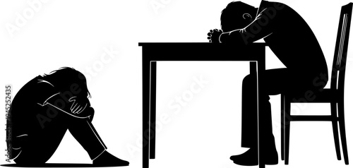 Mental Health and Emotional Distress Silhouette Set - Minimalist Human Figure Expressing Loneliness, Depression and Isolation Vector