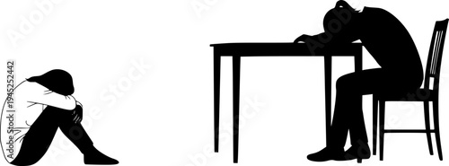 Mental Health and Emotional Distress Silhouette Set - Minimalist Human Figure Expressing Loneliness, Depression and Isolation Vector