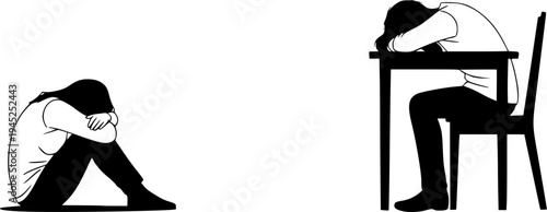 Mental Health and Emotional Distress Silhouette Set - Minimalist Human Figure Expressing Loneliness, Depression and Isolation Vector