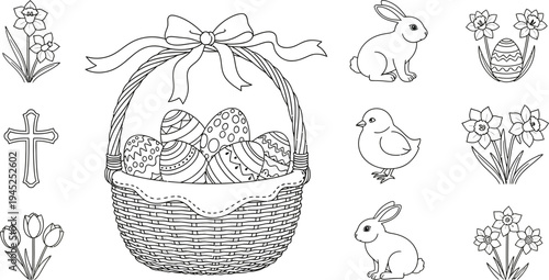 Collection of charming black and white line art icons featuring an Easter basket filled with decorated eggs and spring animals