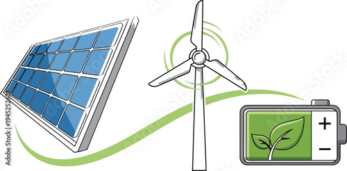 Renewable energy concept featuring a solar panel, wind turbine, and a green battery symbolizing sustainable power generation and storage solutions.