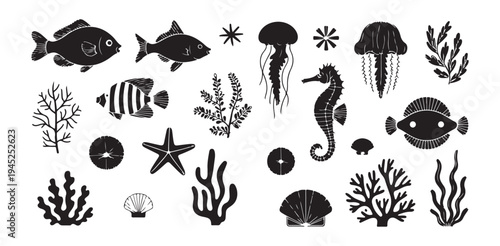 Collection of stylized black silhouette marine life and underwater flora elements for design