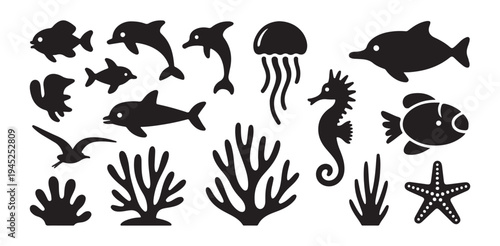 Set of various marine animals icons and ocean plants silhouettes isolated on white background
