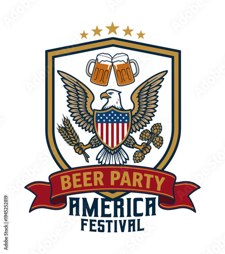 Beer party America festival logo with eagle and beer mugs in a vibrant design for celebrations and events T-shirt Design