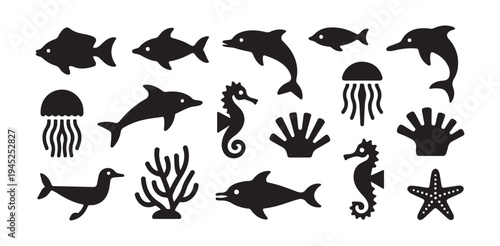 Collection of marine life symbols and ocean flora icons in simple black and white style