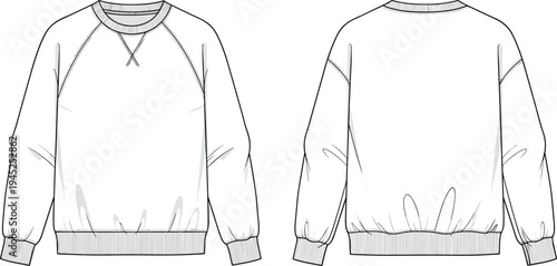 Crew neck sweatshirt front and back technical fashion sketch for apparel production cad drawing flat vector illustration template