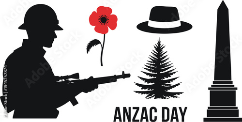 Black and white a n z a c day with soldier silhouette, poppy, hat, tree, and monument anzac day rifle