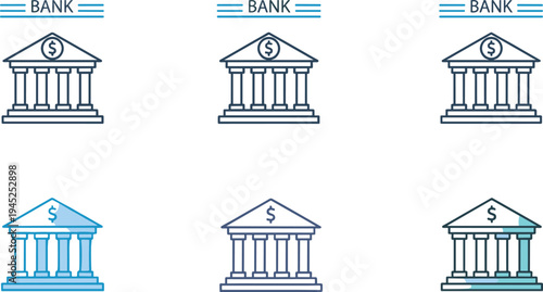 Bank building icon set, financial institution vector illustration, dollar money currency exchange, banking office facade, central bank architecture, line art.