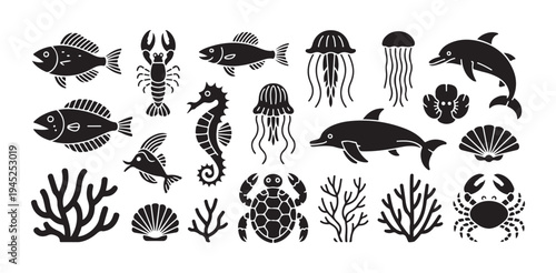 Set of sea animals marine life creatures fish lobster dolphin crab coral jellyfish seahorse icons
