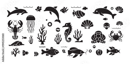Large set of various sea animals fish dolphin lobster jellyfish turtle crab seahorse coral silhouettes