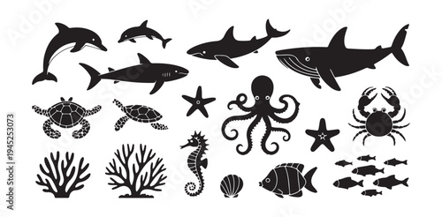 Marine animals collection dolphin shark whale turtle octopus crab seahorse starfish coral icons