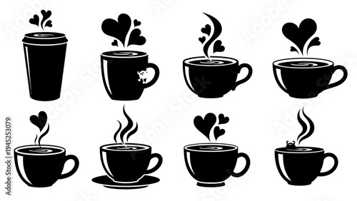 A compilation of stylized coffee cups, each adorned with steaming hearts, symbolizing warmth, love, and comfort