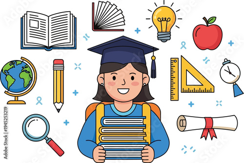 Happy female graduate wearing a mortarboard surrounded by essential academic symbols representing learning and knowledge achievement