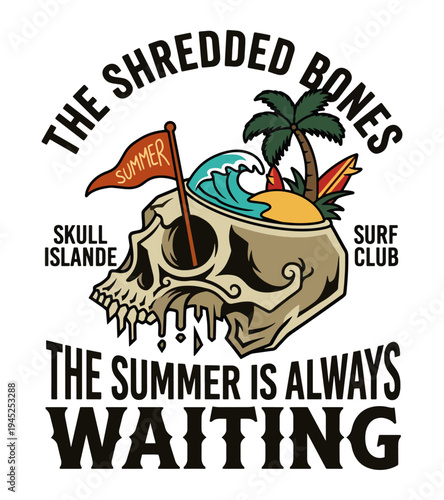 T-shirt design Illustration of a skull with tropical elements showcasing summer vibes for beach lovers and surf enthusiasts featuring palm trees and ocean waves T-shirt Design