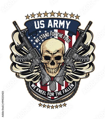 Skull with Crossed Rifles T-shirt design  Emblem Representing the US Army Standing for the Flag and Honoring Fallen Soldiers in a Bold Graphic Design T-shirt Design