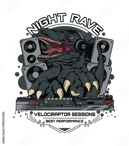 Stylized T-shirt illustration of a dinosaur themed music event featuring a velociraptor DJ operating turntables surrounded by speakers in a vibrant artistic design for night rave themes T-shirt Design