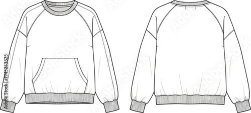 Crewneck sweatshirt front back technical flat sketch with raglan sleeves kangaroo pocket rib cuffs hem details apparel template cad drawing flat vector illustration