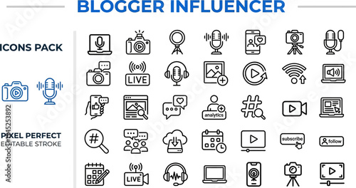 Blogger and Influencer Outline Vector Icon Set — Social Media and Content Creation Editable Stroke Icons for Web and App UI