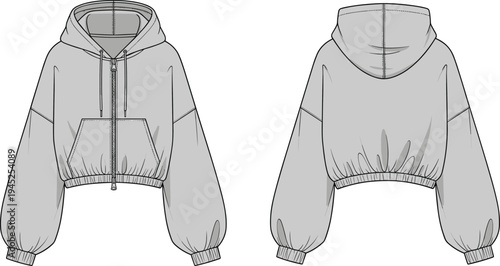 Cropped hooded sweatshirt CAD drawing flat vector illustration with front and back views technical womens apparel design fashion template