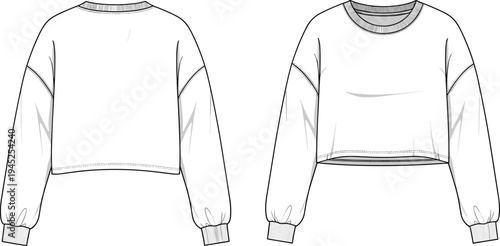 Cropped long sleeve pullover sweatshirt technical CAD drawing showing front and back views with ribbed neckline and cuffs, casual womenswear cad drawing flat vector illustration