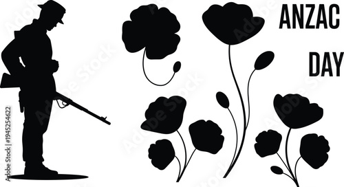 Black silhouette of soldier with rifle and poppies for anzac day