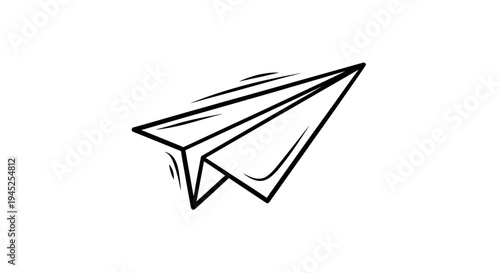 Hand-drawn paper airplane flying, simple sketch, black and white, concept of travel and dreams