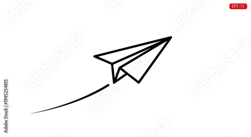 Hand-drawn paper airplane flying with a curved trail, minimalist vector illustration