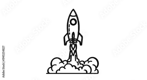 Hand-drawn rocket launching with smoke and fire, symbolizing startup and success