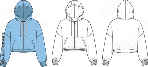 Cropped zip hoodie CAD drawing flat vector illustration with front side back views technical womens apparel fashion design template
