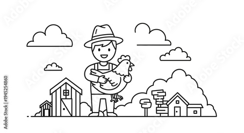 Happy Farmer Holding Chicken in Rural Farm Scene with Barn and Houses