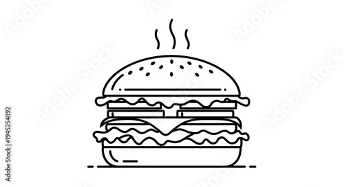 Hot steaming hamburger icon, fast food, unhealthy meal, line art illustration