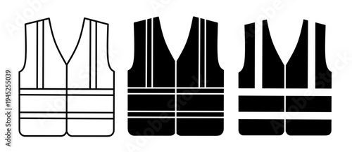 Vector illustration of high visibility safety vest icon set featuring reflective strips for construction work industrial security site protection and worker safety equipment. 