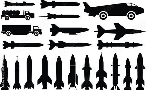 Missile icons silhouette set, minimalist black silhouettes of rockets and military hardware including launchers cruise missiles and tactical aerospace equipment for military and defense graphics.