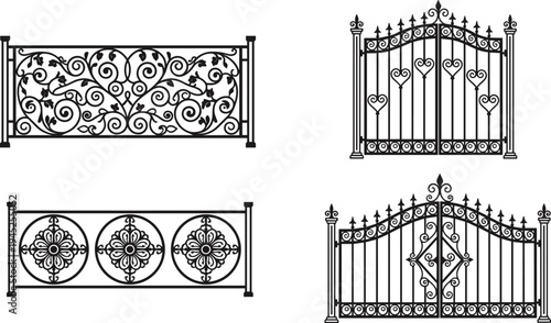 Ornamental wrought iron gate and decorative fence panel silhouettes with floral scroll patterns, luxury garden entrance railings and vintage metal boundary designs isolated vector set