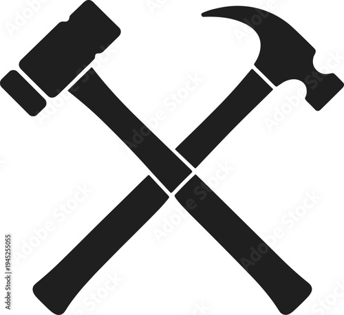 Crossed hammer and mallet silhouette illustration representing construction tools, craftsmanship symbol, woodworking equipment, repair service concept, minimalist black and white vector isolated 
