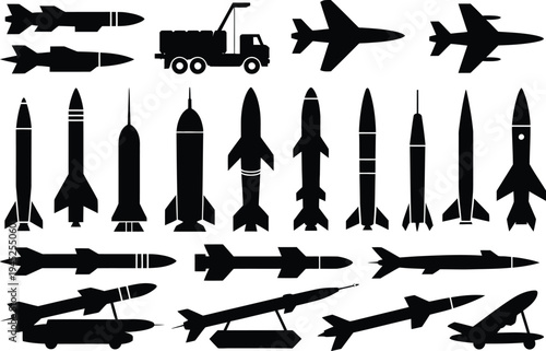 Missile icons silhouette set, black vector symbols of rocket launchers military weapons defense technology cruise missiles aerospace gear war tools and tactical systems for defense design.