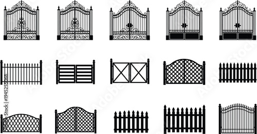 Ornamental gate and fence silhouette collection featuring wrought iron gates, garden barriers, picket fences and decorative entrance railings isolated set for landscaping security design