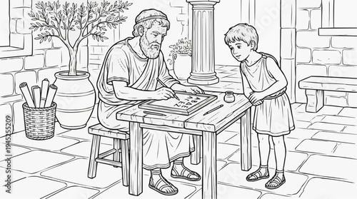 Coloring page for children - an Ancient Greek teacher writing letters on a wax tablet
