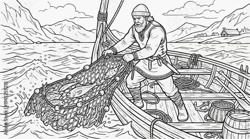 Coloring page for children - a Viking fisherman pulls a fishing net out of the cold sea