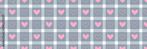 Seamless grey gingham pattern with pink hearts, cute checkered plaid background for Valentine's Day, textiles, and gift wrapping.
