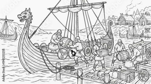 Coloring page for children - Viking traders unloading barrels and crates from a wooden ship in the harbor