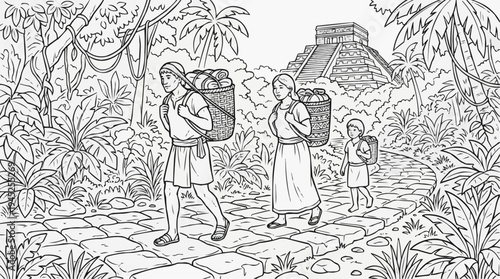 Coloring page for children - Mayan travelers walking along an ancient stone road through the jungle with baskets