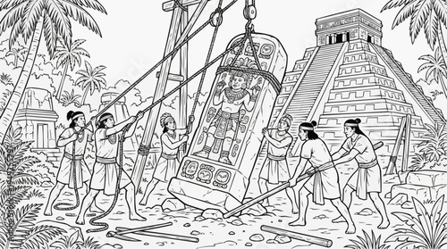 Coloring page for children - ancient workers lifting a stone artifact