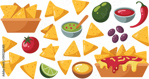 Nachos and Mexican food ingredients set, tortilla chips with salsa guacamole lime chili olives, snack vector illustration