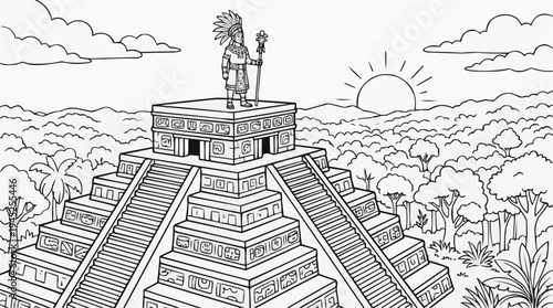 Coloring page for children - a Mayan priest stands on top of a stepped pyramid and watches the sun rise over the jungle